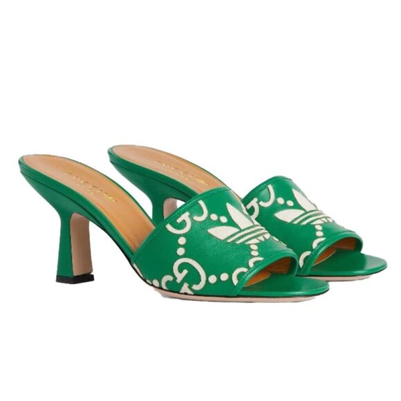 NEW GUCCI x ADIDAS GG Trefoil Logo Green Leather Heel Sandal Pump EU 39.5 US 9.5 - Picture 5 of 11